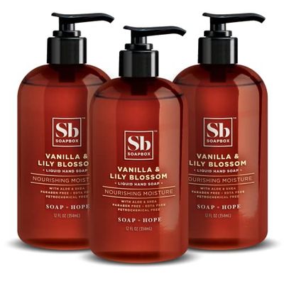 Soapbox Liquid Hand Soap, Vanilla &amp; Lily Blossom - Gentle, Moisturizing Hand Cleanser, Vegan, Cruelty Free Hand Soap for Bathroom and Kitchen, 12oz Pump Bottles (Pack of 3)