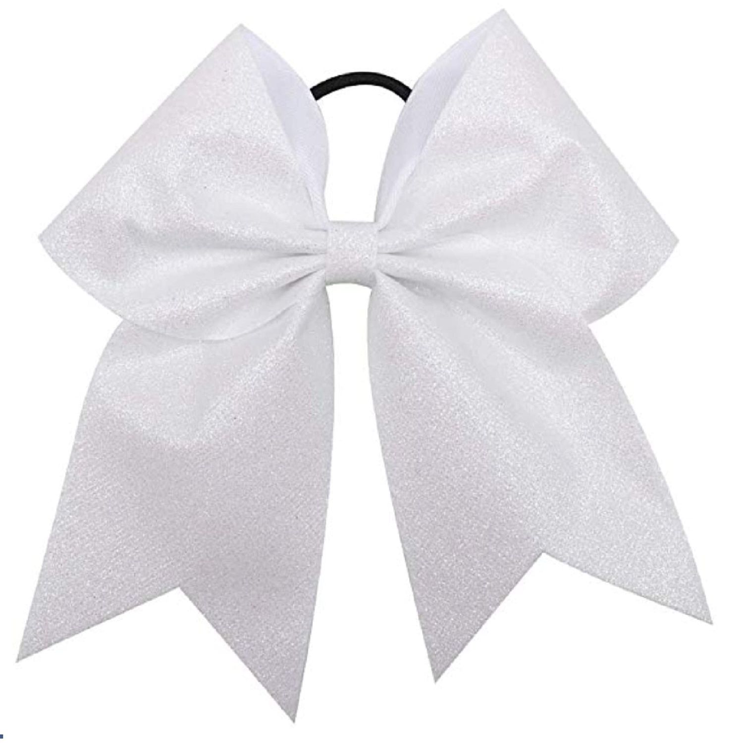Glitter Cheer Bows - Cheerleading Softball Gifts for Girls and Women Team Bow with Ponytail Holder Complete your Cheerleader Outfit Uniform Strong Hair Ties Bands Elastics by Kenz Laurenz (1) (White)