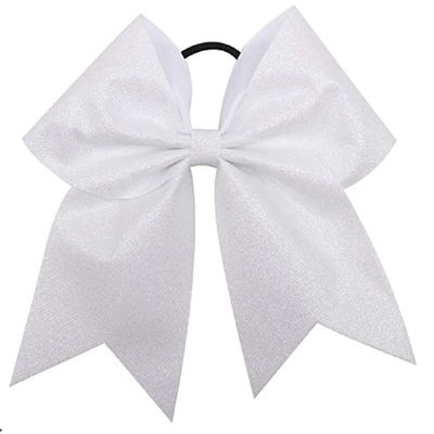 Glitter Cheer Bows - Cheerleading Softball Gifts for Girls and Women Team Bow with Ponytail Holder Complete your Cheerleader Outfit Uniform Strong Hair Ties Bands Elastics by Kenz Laurenz (1) (White)