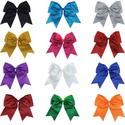 Glitter Cheer Bows - Cheerleading Softball Gifts for Girls and Women Team Bow with Ponytail Holder Complete your Cheerleader Outfit Uniform Strong Hair Ties Bands Elastics by Kenz Laurenz (1) (White)