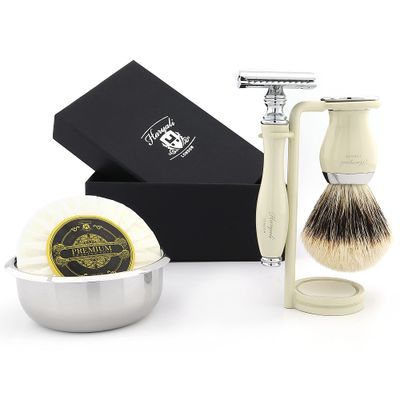 Complete 5Pcs Classic Men&#39;s Shaving Set |Top Grade Silver Tip Brush, DE Safety (Blades Not Inc), Dual Stand, Bowl &amp; Soap