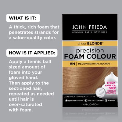 John Frieda Precision Foam Colour, Medium Natural Blonde 8N, Full-Coverage Hair Color Kit, Anti-Fade Gray Coverage, Deep Color Saturation Hair Dye, 1 Application