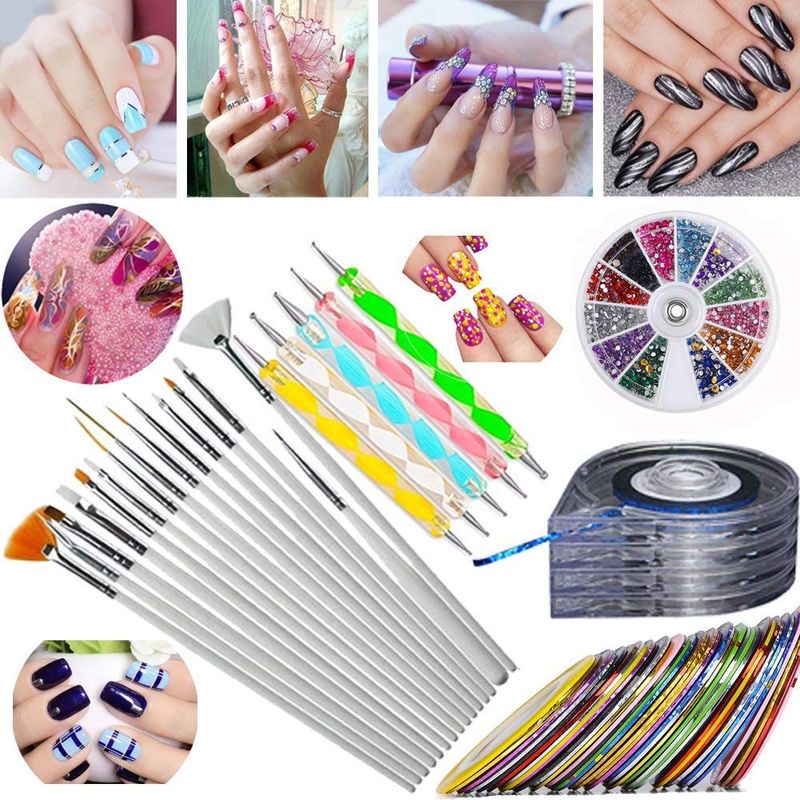 JOYJULY Nail Art Kit includes 30 Striping tape &amp; 4Pcs Striping Roller Box &amp; 12 Colors Rhinestones &amp; 5pcs Dotting Pen &amp; 15pcs Brush Set