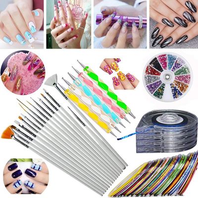 JOYJULY Nail Art Kit includes 30 Striping tape &amp; 4Pcs Striping Roller Box &amp; 12 Colors Rhinestones &amp; 5pcs Dotting Pen &amp; 15pcs Brush Set