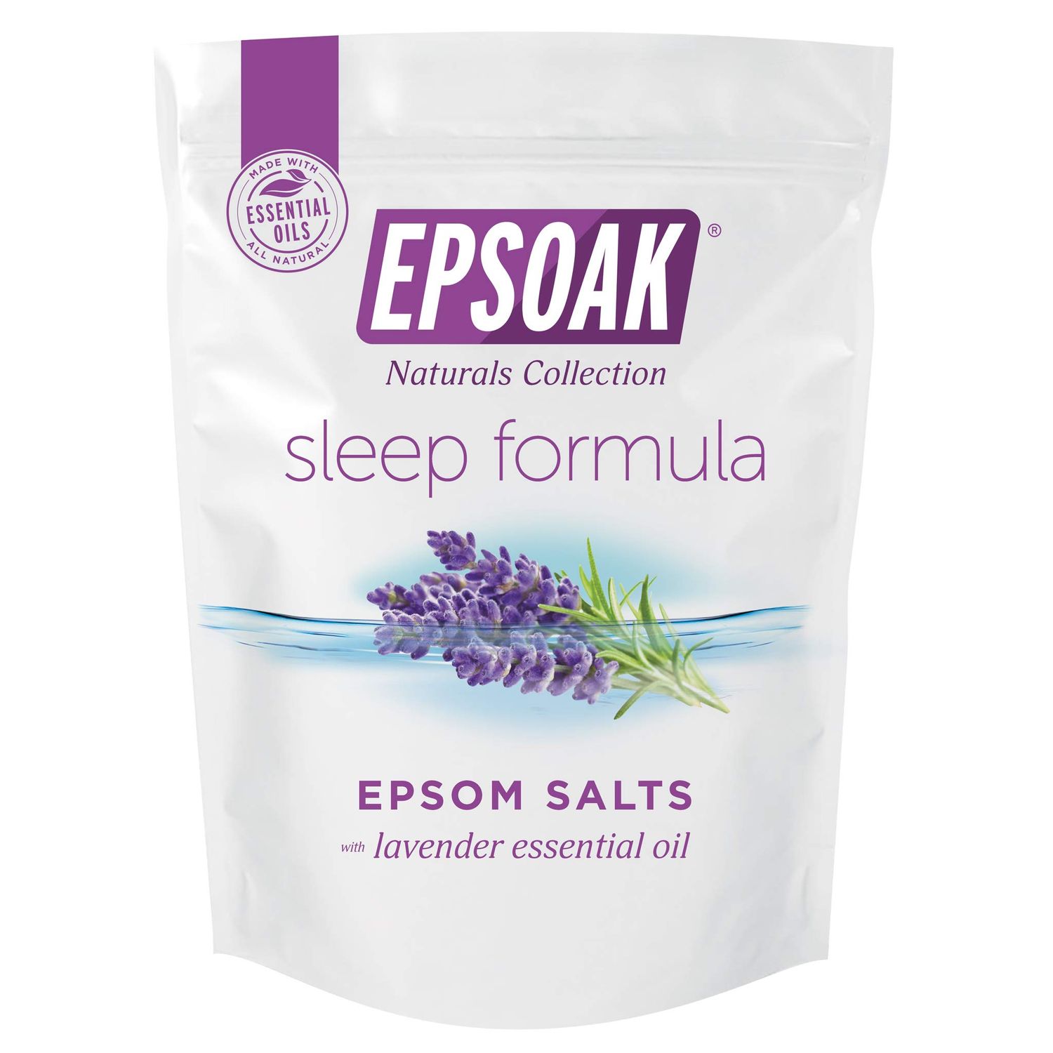 Epsoak Epsom Salt 2 lb. Magnesium Sulfate USP. (Qty. 1 x 2lb. Bag), Lavender Sleep Formula, Resealable Epsom Salt Bag, Made in The USA, Cruelty-Free Certified