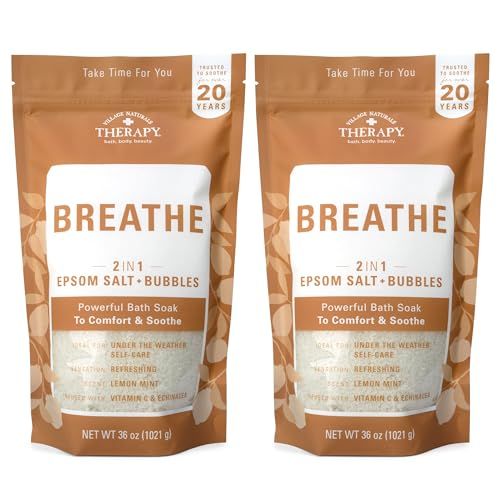 Village Naturals Breathe Foaming Body Soak, Epsom Salt, Essential Oils, Soothing Bubbles, Sea Salt 36 oz, Pack of 2