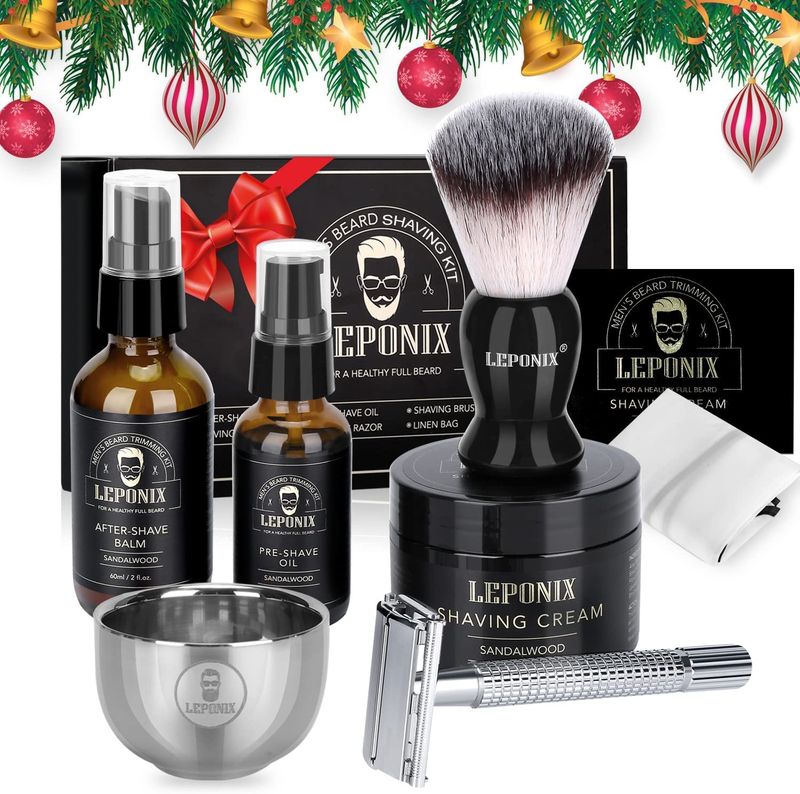 Shaving Kit for Men, Include Safety Razor, Sandalwood Shaving Cream, Mens aftershave, Pre Shave Oil, Shaving Brush and Bowl, Shaving Bib -Unique Gifts for Men Him Stocking Stuffers