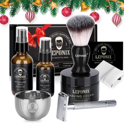 Shaving Kit for Men, Include Safety Razor, Sandalwood Shaving Cream, Mens aftershave, Pre Shave Oil, Shaving Brush and Bowl, Shaving Bib -Unique Gifts for Men Him Stocking Stuffers