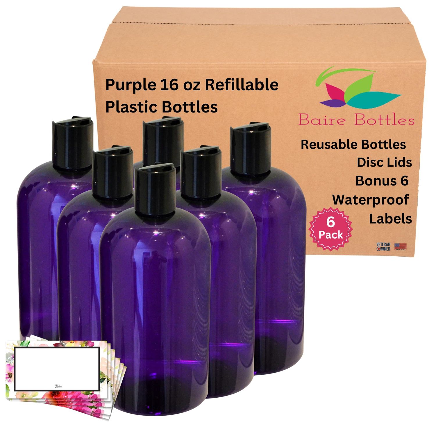 Baire Bottles 16 oz Empty Plastic Bottles with Squeeze Top for Shampoo Bottles, Lotion Bottle, Hand Sanitizer, 6 Pack, Waterproof Labels, PET, BPA Free USA (Purple with Black Disc, Floral Labels)