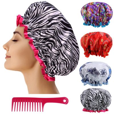 Reusable Shower Cap Women Hair - (Pack of 4) Lined Plastic Showercap Waterproof Bath Hat Hair Cover Caps Bundled with 1 Detangling Comb for all Hair Lengths and Thicknesses