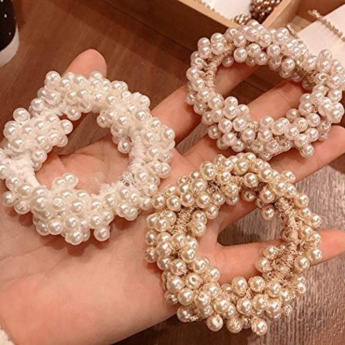 Unicra Pearl Hair Ties Beaded Fashion Elastic Hair Scrunchies Set Fancy Pearls Decorative Ponytail Holder Hair Accessories for Women and Girls 3PCS (Pearl)