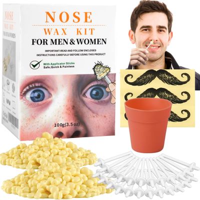Nose Wax Hair Removal Kit by CoFashion | 100g Wax, 30 Applicators (15-30 Uses) | Painless, Quick &amp; Easy for Men | 15 Mustache Guards, 1 Silicone Cup