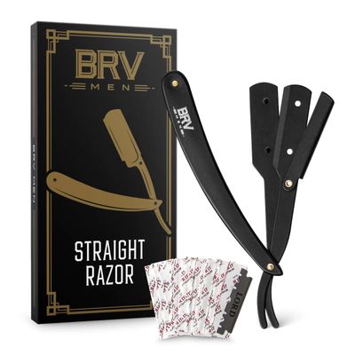 BRV MEN Professional Straight Edge Barber Razor w/ 100 Lord Platinum Single Edge Razor Blades | Straight Razors for Men | Barbershop Accessories | Mens Shaving Knife &amp; Shavette - Black