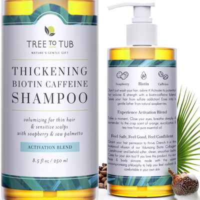 Tree To Tub Biotin Fine Hair Thickening Shampoo for Thicker, Fuller Volume - Gentle Volumizing Sulfate Free Argan Oil Shampoo for Women &amp; Men w/Caffeine, Organic Saw Palmetto, All Natural Tea Tree