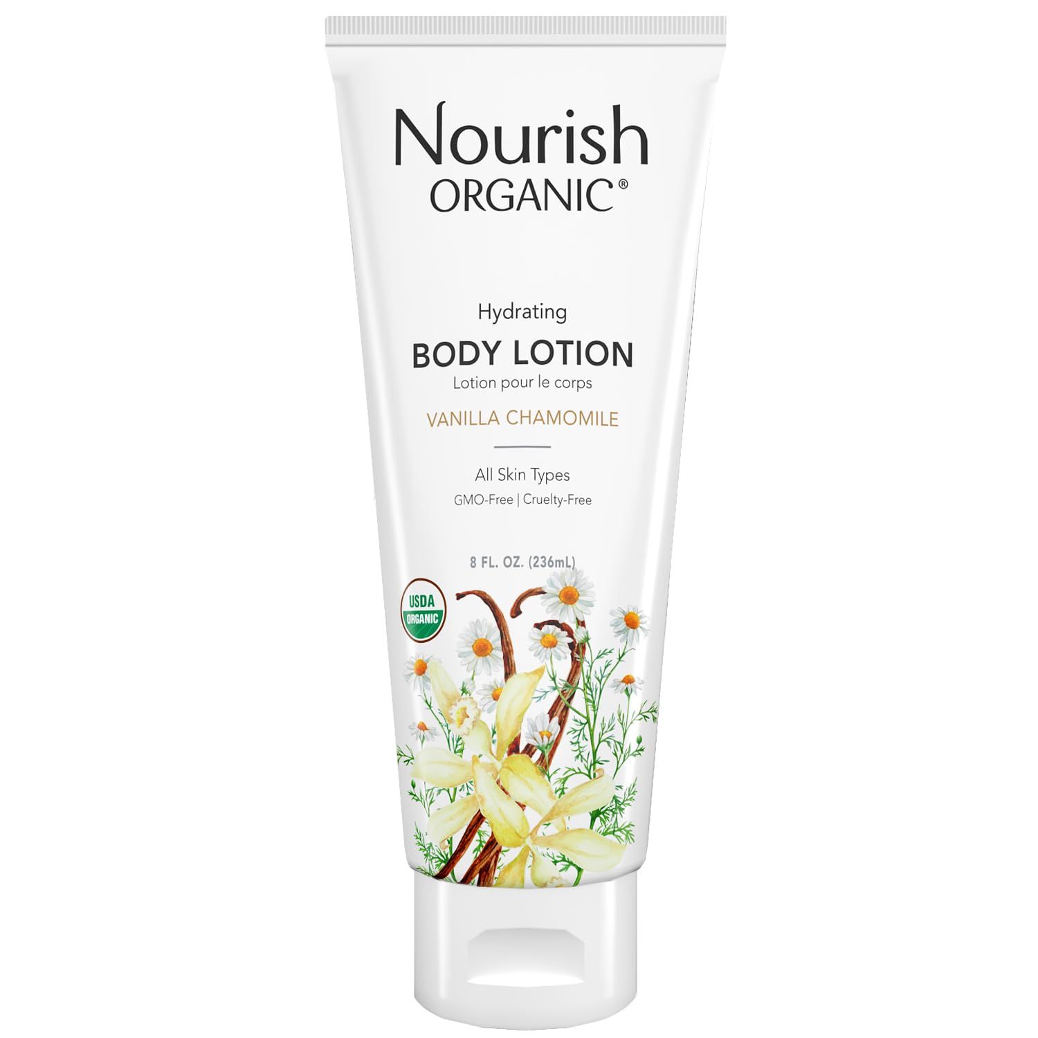 Nourish Organic Body Lotion, Almond Vanilla - Hydrating Body Lotion for Dry Skin with Aloe Vera &amp; Shea Butter (8 Oz) + Washable Cotton Round