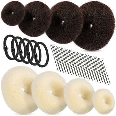 FANDAMEI Hair Donut Bun Makers Set - 4 Dark Brown &amp; 4 Beige (2 Extra-Large, 2 Large, 2 Medium, 2 Small), 5 Elastic Bands, 20 Hair Pins