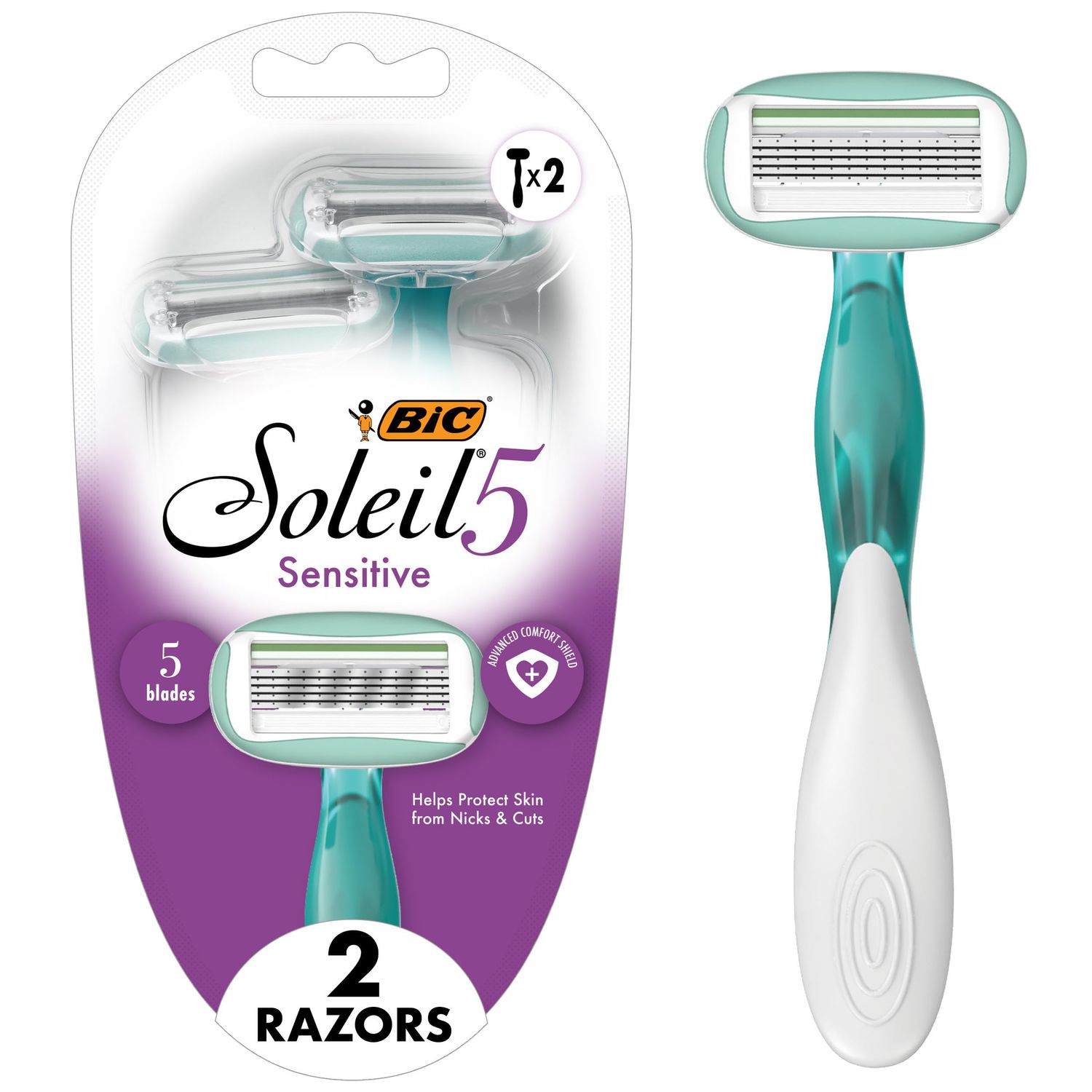 BIC Soleil Sensitive Advanced Women&#39;s Disposable Razors With 360 Degree Moisture Strips For Enhanced Glide, Shaving Razors With 5 Blades, 2 Count, Great Stocking Stuffer for Her