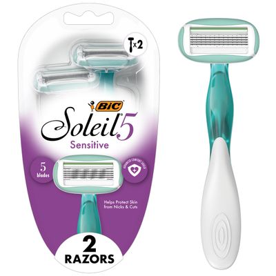 BIC Soleil Sensitive Advanced Women&#39;s Disposable Razors With 360 Degree Moisture Strips For Enhanced Glide, Shaving Razors With 5 Blades, 2 Count, Great Stocking Stuffer for Her