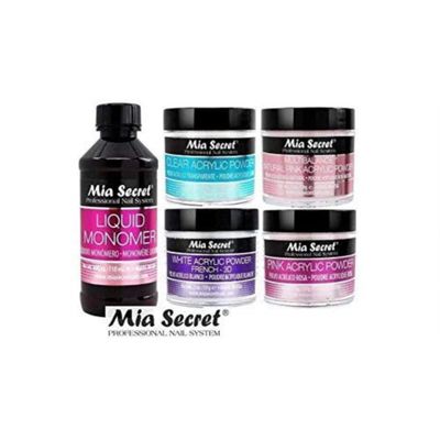 MIA SECRET 4 oz LIQUID MONOMER + Acrylic Powders Set - Pink 2 oz, Clear 2 oz, 3D White 2 oz &amp; Multibalance Pink 2 oz