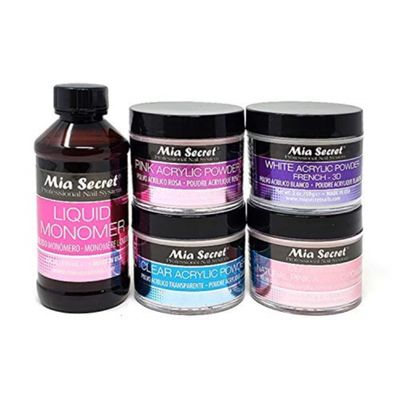 MIA SECRET 4 oz LIQUID MONOMER + Acrylic Powders Set - Pink 2 oz, Clear 2 oz, 3D White 2 oz &amp; Multibalance Pink 2 oz