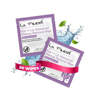 LA Fresh Eye and Lip Waterproof Makeup Remover Wipes Pack of 50 Individually Wrapped Wipes Made With Vitamin E, Olive Oil Convenient Size For Purse, Gym Bag, Car, Anywhere On The Go