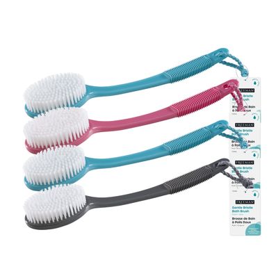 Freeman Gentle Bristle Bath Brush, Soft &amp; Stiff Shower Bristles, Remove Dead Skin, Long Rubber Handle for Gripping, Gently Exfoliating for Back &amp; Body, Stimulates Blood Circulation, 4 Count
