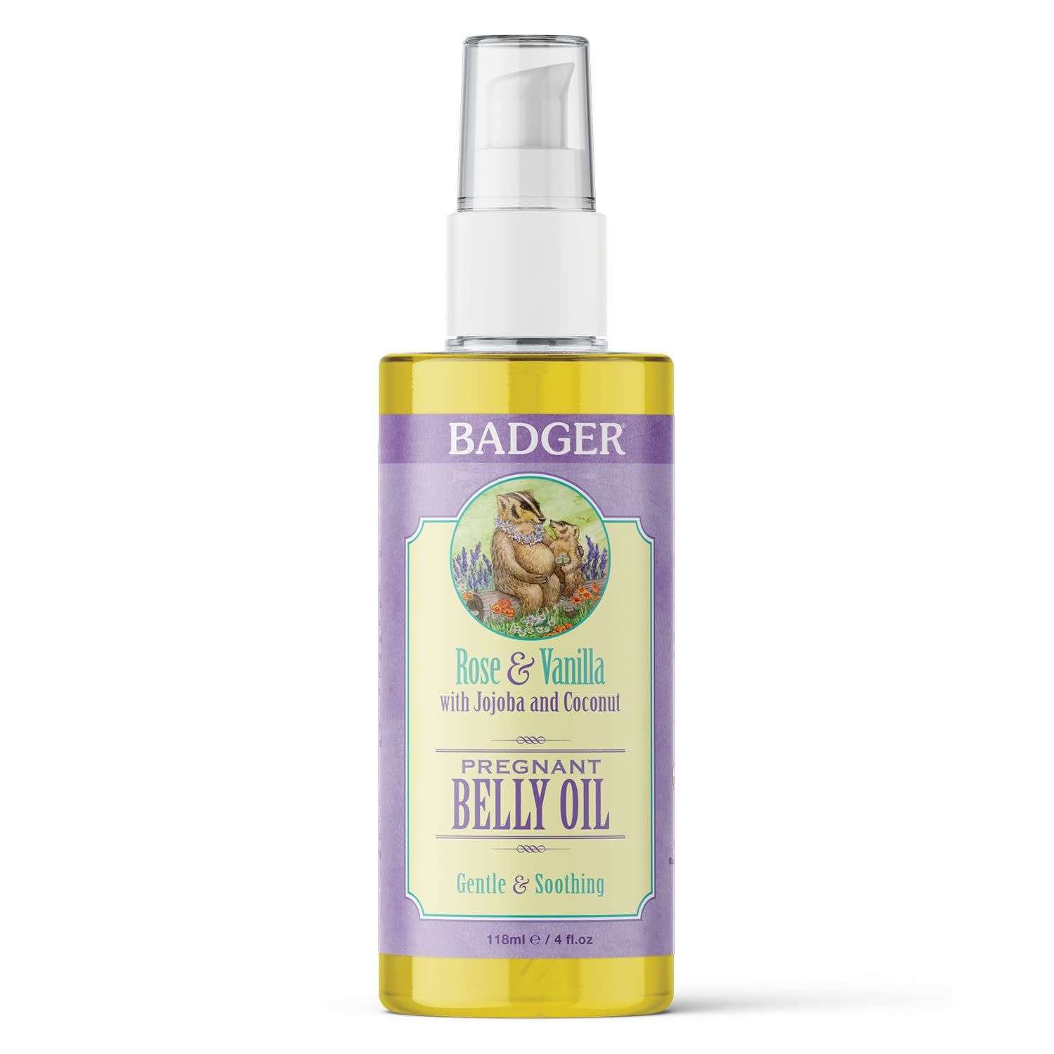 Badger - Pregnant Belly Oil, Rose &amp; Vanilla, Certified Organic, Gentle &amp; Soothing, Jojoba &amp; Coconut Oil, Belly Oil for Stretched Skin During &amp; After Pregnancy, 4 fl oz