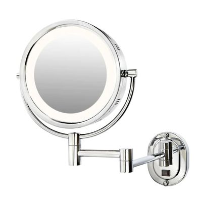 JERDON Wall-Mounted Chrome Makeup Mirror with LED Lighting - 5X-1X Magnification &amp; 14 Extension - Direct Wire - Model HL65CD
