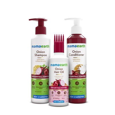 Mamaearth Onion Hair Care Kit - Hair Fall Control with 150ml Onion Oil &amp; Shampoo + Conditioner (250ml Each) | Anti Hair Loss &amp; Growth Formula | 3 Piece Set