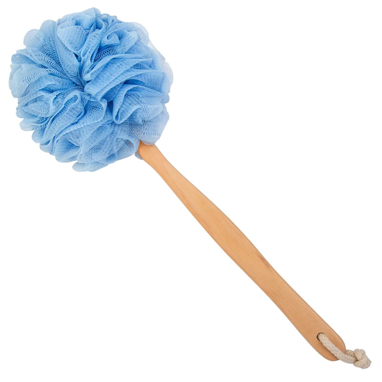 Arswin Loofah Back Scrubber for Shower, Wooden Long Handle Bath Sponge Lufa Shower Brush, Soft Nylon Mesh Back Cleaner Washer, Women &amp; Men Exfoliating Luffa Pouf on a Stick for Body (Blue)
