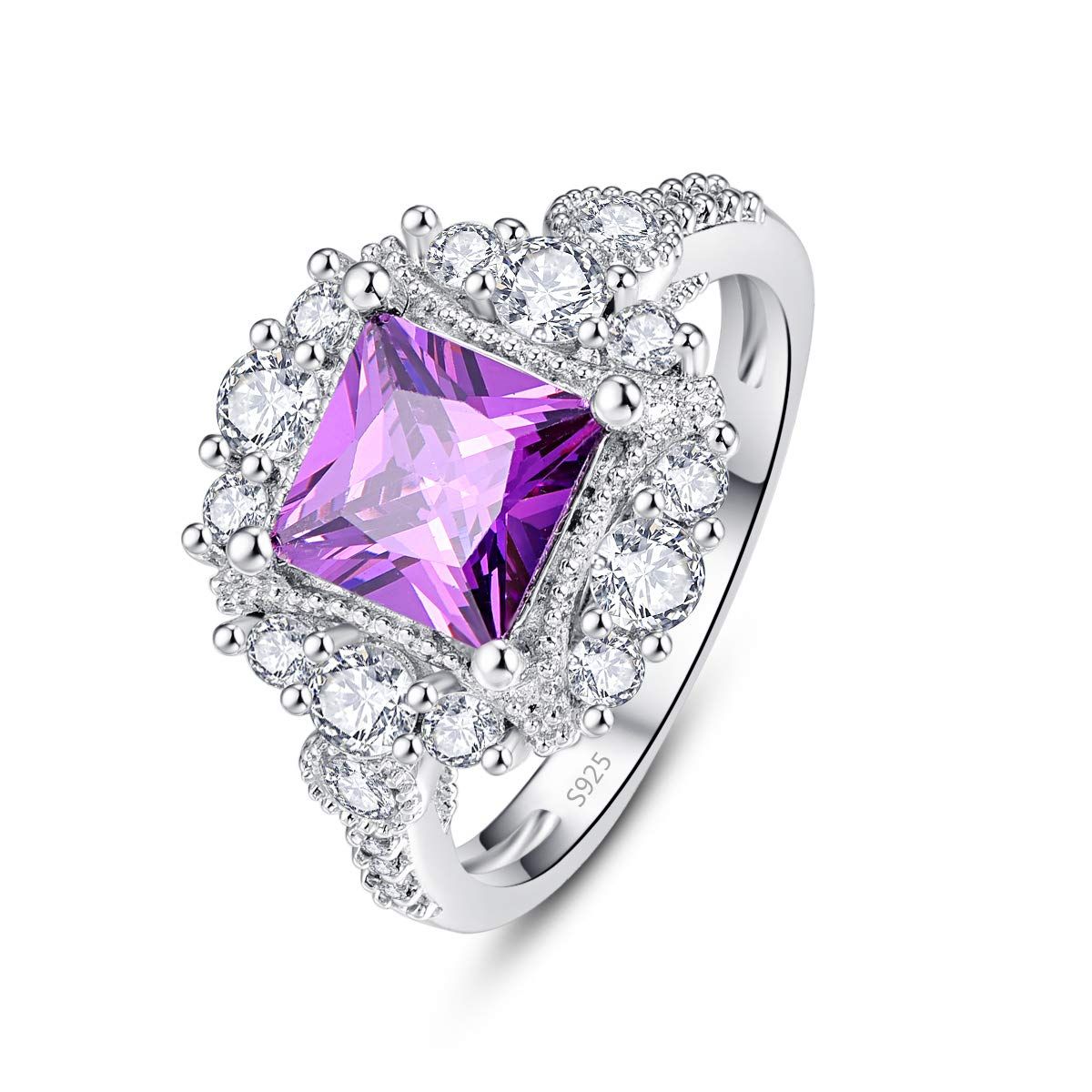 Empsoul 925 Sterling Silver Flower Ring Princess Cut Simulated Amethyst Wedding Ring Mother&#39;s Day Gift Size 7