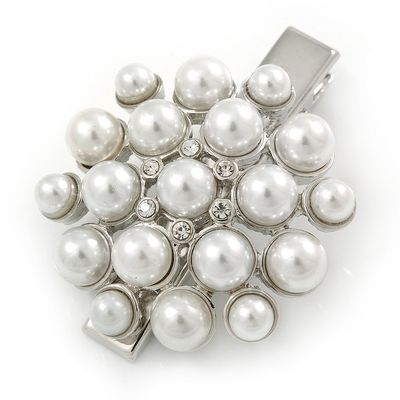 Clear Crystal Glass Pearl Flower Hair Beak Clip/Concord Clip/Clamp Clip In Silver Tone - 45mm L