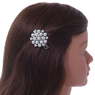 Clear Crystal Glass Pearl Flower Hair Beak Clip/Concord Clip/Clamp Clip In Silver Tone - 45mm L