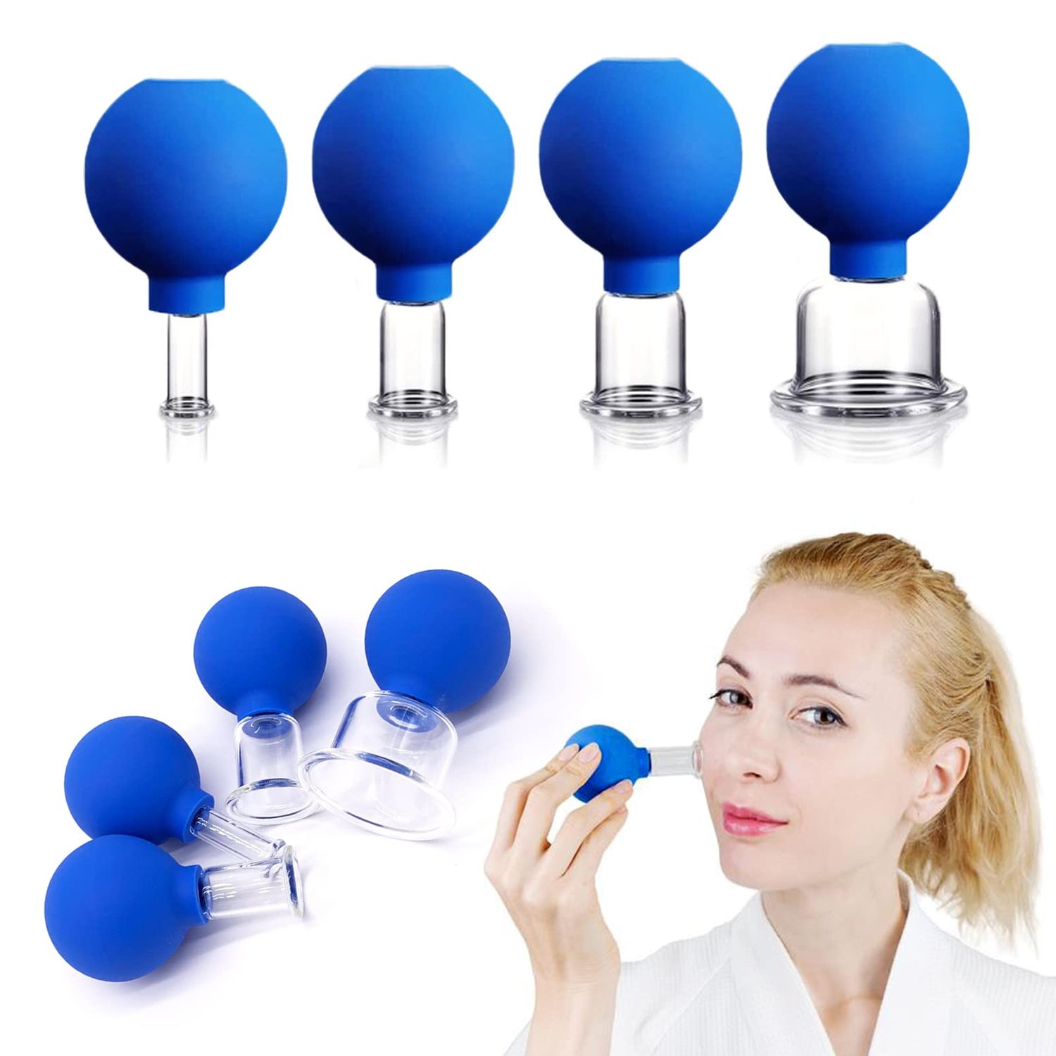 4 PCS Glass Facial Cupping Set | Silicone Vacuum Suction | Cupping Massage Therapy | A Kit for Anti Cellulite, Anti Wrinkle and Instantly Ageless Skin | for Eyes, Face and Body