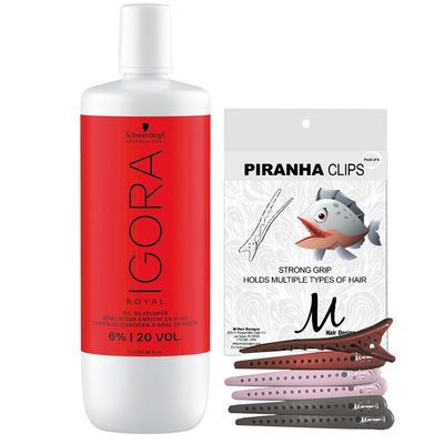 Igora Royal 6% 20 Volume Developer 33.8 oz and M Hair Designs Piranha Clips (Bundle 2 Items)