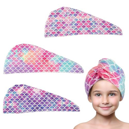 MADHOLLY Microfiber Hair Towel for Kids Gifts - Soft Super Absorbent Rapid Drying Hair Towel Wrap Turban for Girls Women with Button, Anti-Frizz for Thicker Curly Long Hair, 3Pack