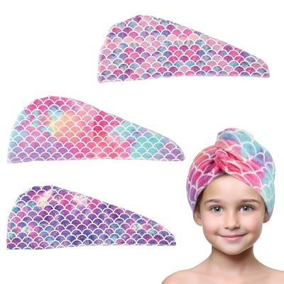 MADHOLLY Microfiber Hair Towel for Kids Gifts - Soft Super Absorbent Rapid Drying Hair Towel Wrap Turban for Girls Women with Button, Anti-Frizz for Thicker Curly Long Hair, 3Pack
