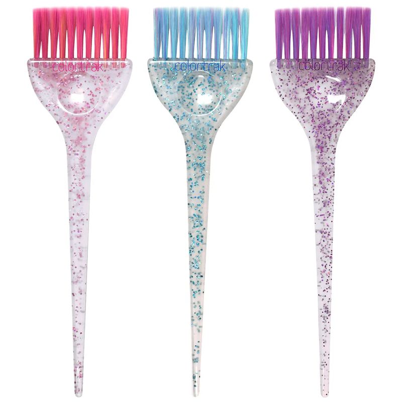 Colortrak 3 Pack Hair Color Brush Set with Glitter Handles for Highlighting, Tint and Coloring Hair Sections - Soft Feathered Bristles Hair Color Application 3.5 x 11 inch