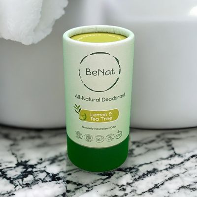 BeNat All Natural Deodorant Plastic Free For Women &amp; Men Aluminum Free, Gluten Free &amp; Cruelty Free 24 Hour Long Lasting Protection Zero Waste Eco Friendly Lemon &amp; Tea Tree 3 oz.