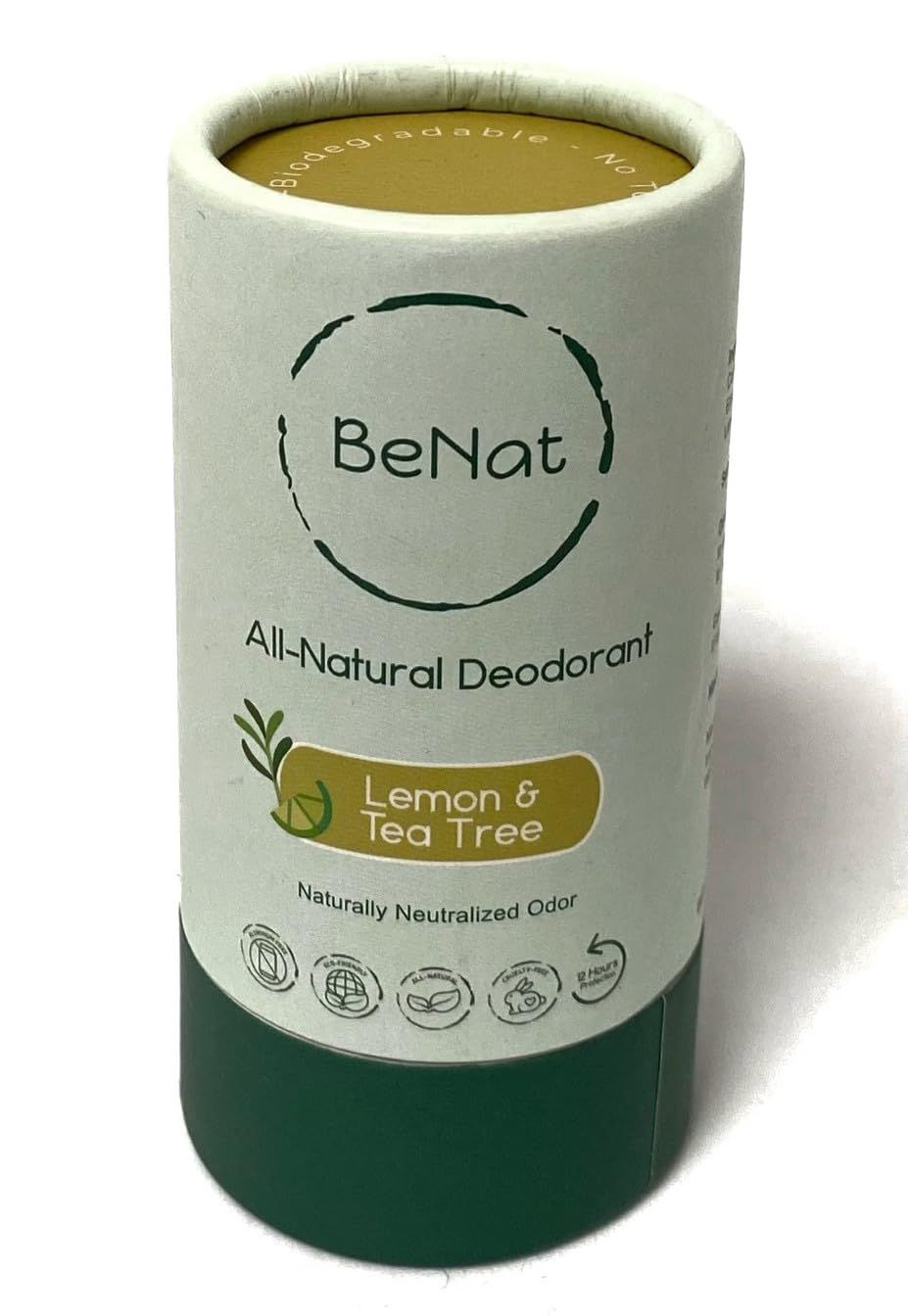 BeNat All Natural Deodorant Plastic Free For Women &amp; Men Aluminum Free, Gluten Free &amp; Cruelty Free 24 Hour Long Lasting Protection Zero Waste Eco Friendly Lemon &amp; Tea Tree 3 oz.