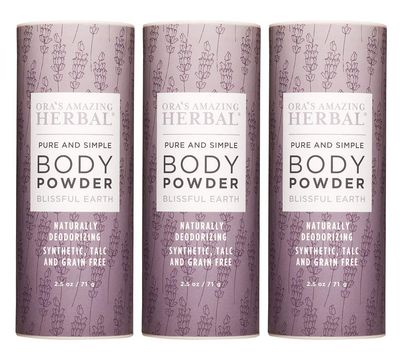 Natural Body Powder, 2.5 Ounces Pack of 3, Dusting Powder No Talc, Corn, Grain or Gluten Blissful Earth Scent (Essential Oil Only No Synthetic Fragrance) Non GMO Made in The USA, Ora&#39;s Amazing Herbal