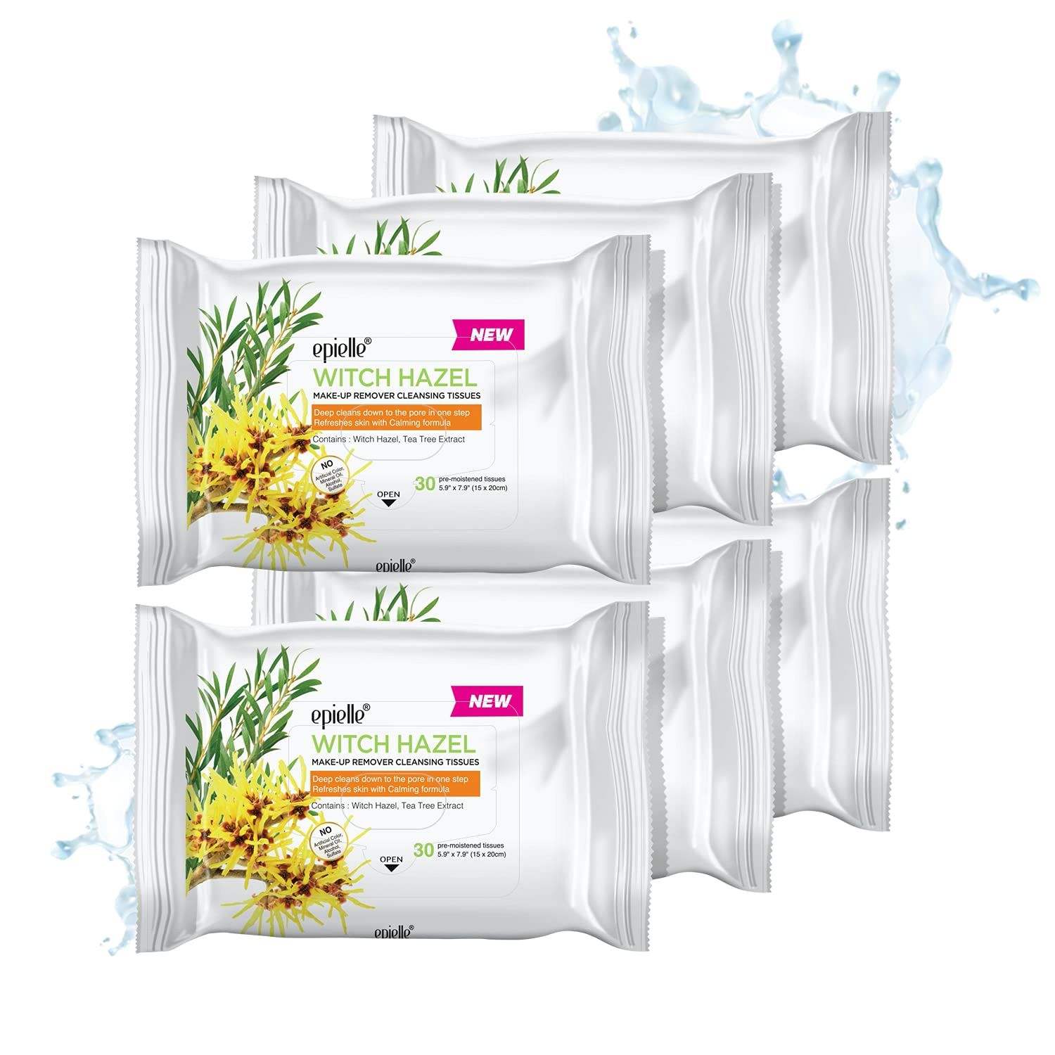 Epielle New Witch Hazel 30ct Makeup Cleansing Wipes Deep Cleans Pores &amp; Refresh Skin with Calming Formula (6 packs)
