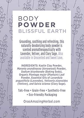 Natural Body Powder, 2.5 Ounces Pack of 3, Dusting Powder No Talc, Corn, Grain or Gluten Blissful Earth Scent (Essential Oil Only No Synthetic Fragrance) Non GMO Made in The USA, Ora's Amazing Herbal