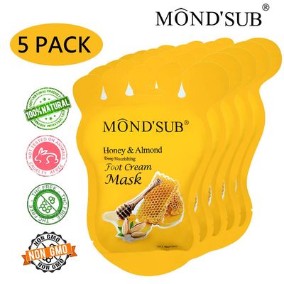 MOND'SUB Honey & Almond Nourishing Foot Masks - Foot Moisturizing Mask for Dry Skin to Deep Hydrating and Brightening Moisturize, Repair Rough Damage Skin for Women & Men(5 Pairs)