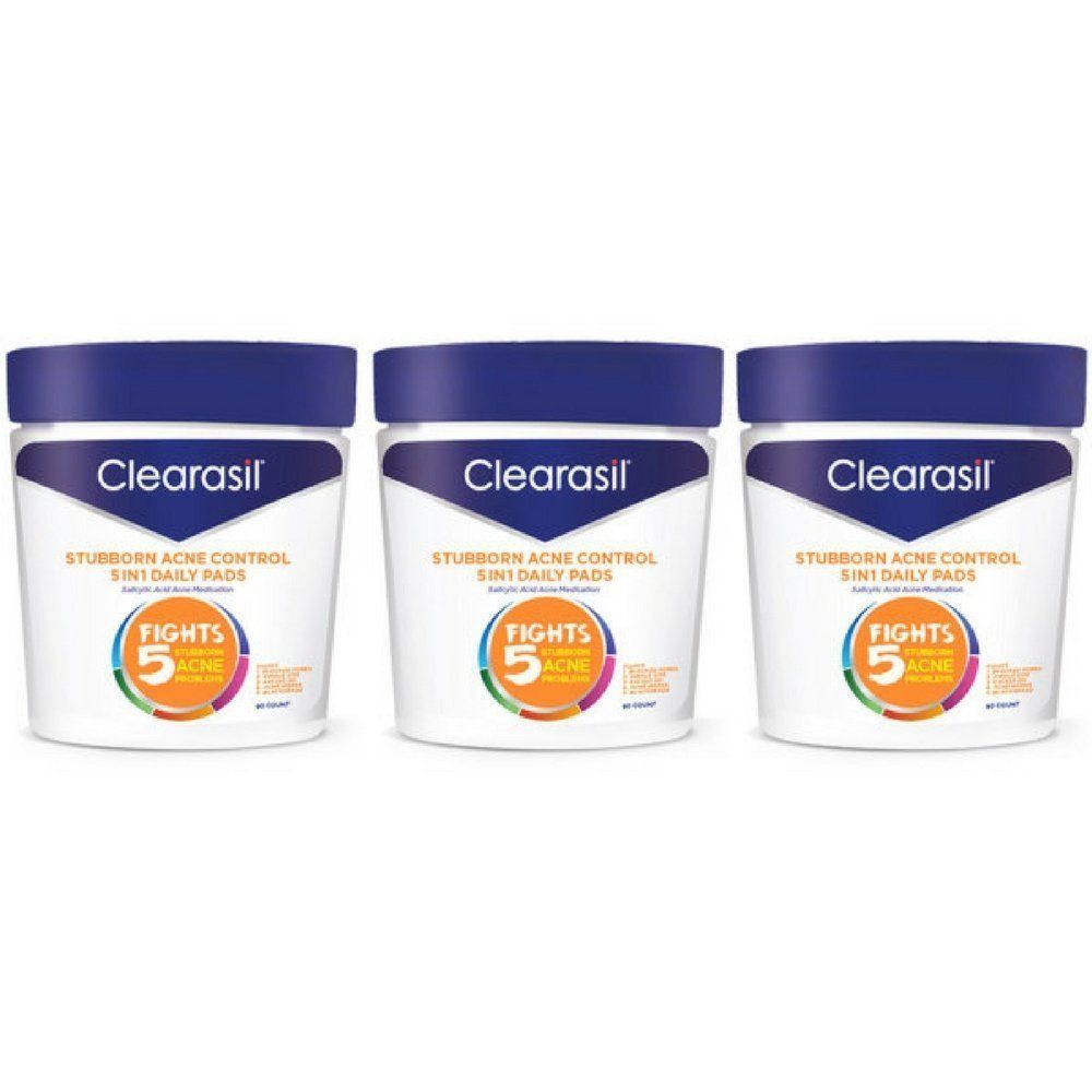 Clearasil Stubborn Acne Control 5in1 Daily Facial Cleansing Pads, 90 Count x Pack of 3