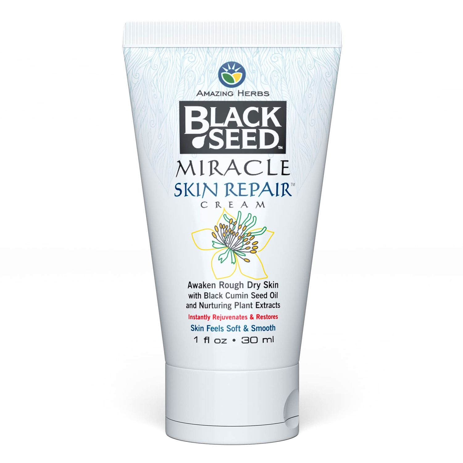Amazing Herbs Black Seed Miracle Skin Repair Cream - Non-Allergenic Formula, Black Cumin Seed Oil, Vitamin E, &amp; other Essential Oils, Supports Collagen &amp; Elastin Production - 1 Fl Oz