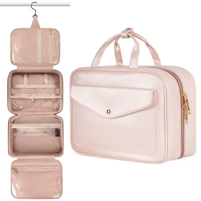 MATEIN Travel Toiletry Bag for Women, 9L Faux Leather Hanging Makeup Bag with Metal Snap Handle, Large Waterproof Cosmetic Storage Multiple Traveling Organizer for Toiletries Accessories, Pink