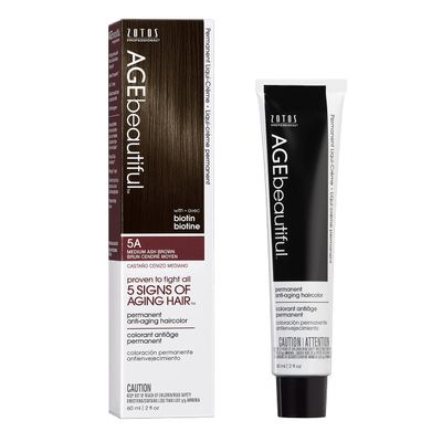 AGE beautiful Permanent Hair Color Dye Liqui Creme | 100% Gray Coverage | Anti-Aging Haircolor | Biotin for Thicker, Fuller Hair | Professional Salon Coloring | 5A Medium Ash Brown