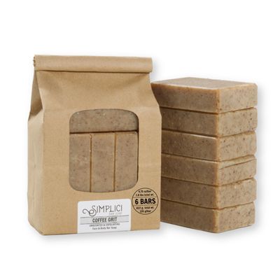 Simplici Coffee Grit Natural Soap (exfoliating + for sensitive skin) 6 Bar Value Bag. Palm Free.