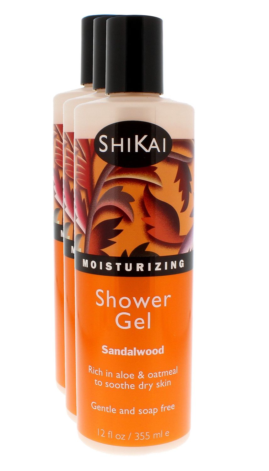 ShiKai Daily Moisturizing Shower Gel (Sandalwood, 12oz, Pack of 3) | Gentle Formula | Aloe Vera &amp; Oatmeal for Soft, Healthy Skin | Dry Skin Relief